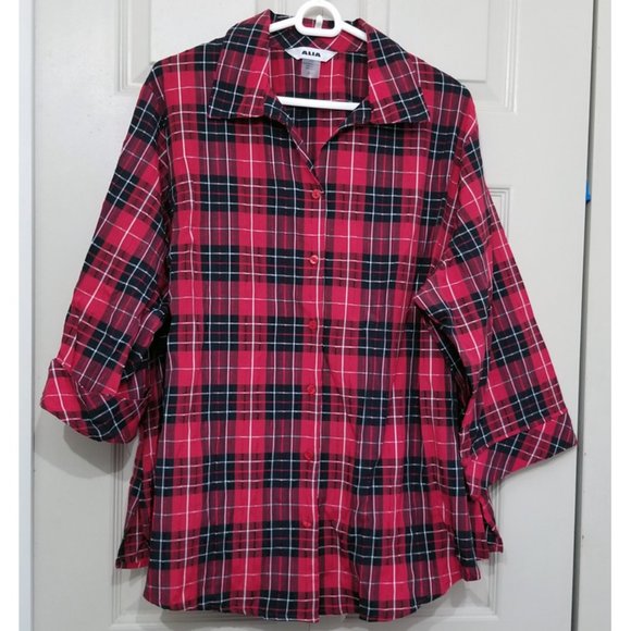 Alia Red Black Plaid Collared Dress Shirt With Button Front 3/4 Length Sleeves - Picture 1 of 3